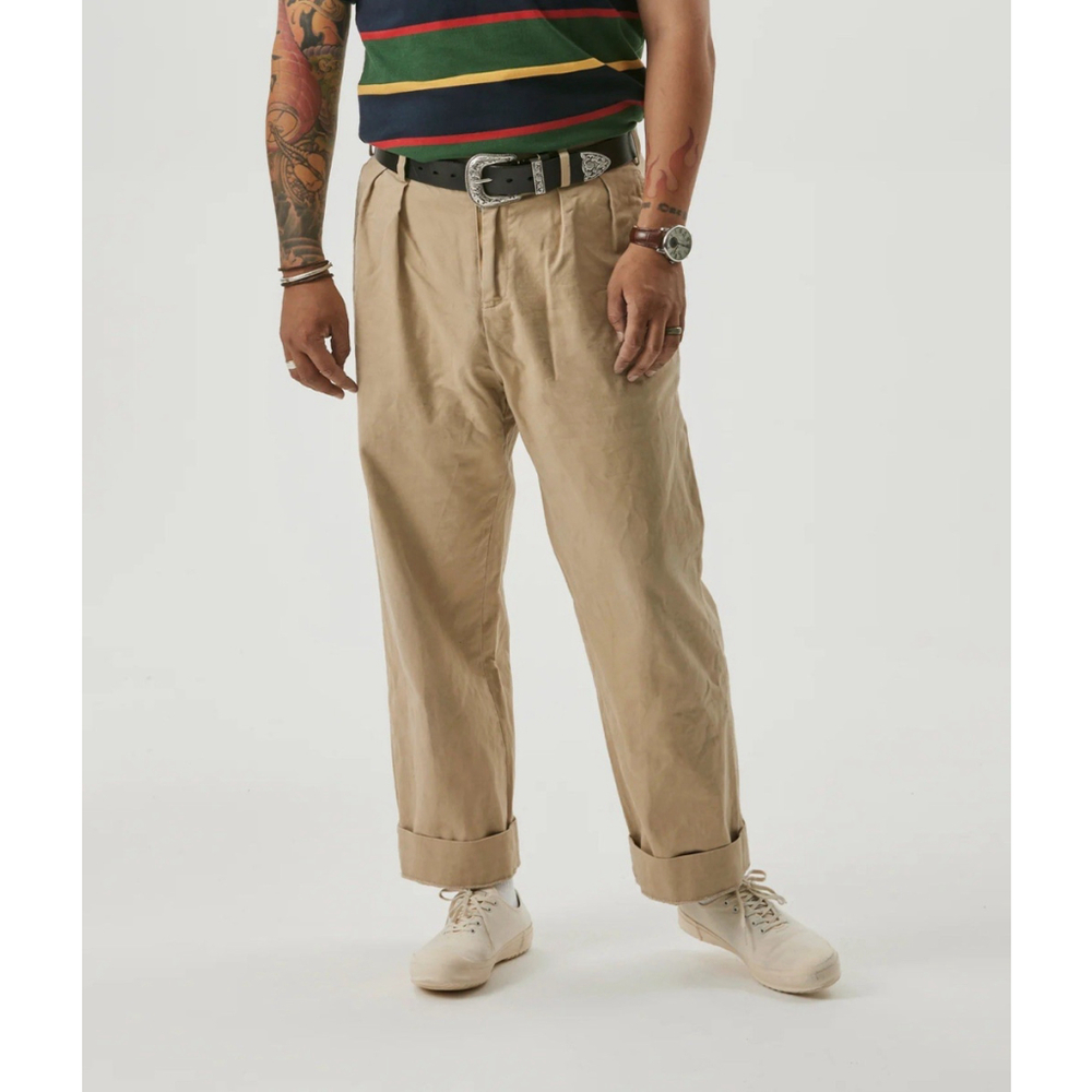 100% Cotton Non-Stock MFG 1930s IVY Style Double Pleated Chino Trousers - Khaki